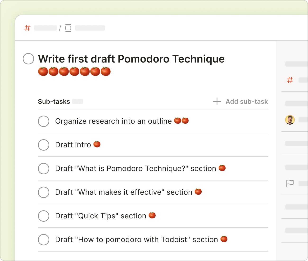 A Todoist project split into sub-taks following the pomodoro technique rules