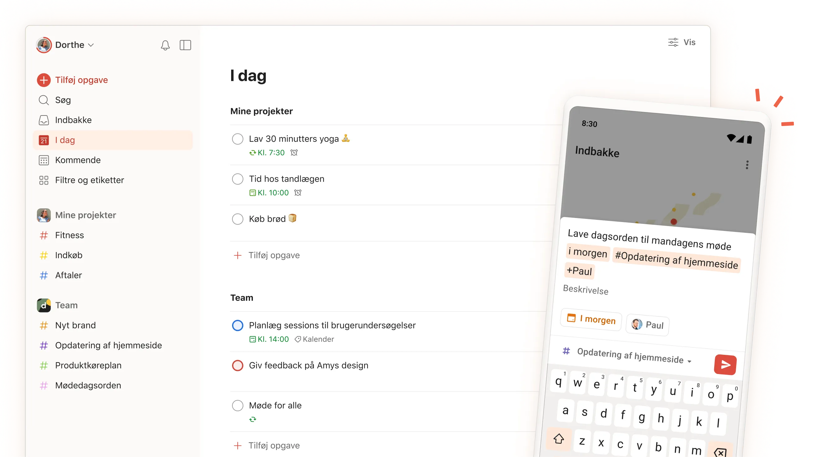 Todoist-appens brugerflade, der viser daglige opgaver, projekter og teamsektioner med en mobilvisning af skærmen til opgaveindtastning.