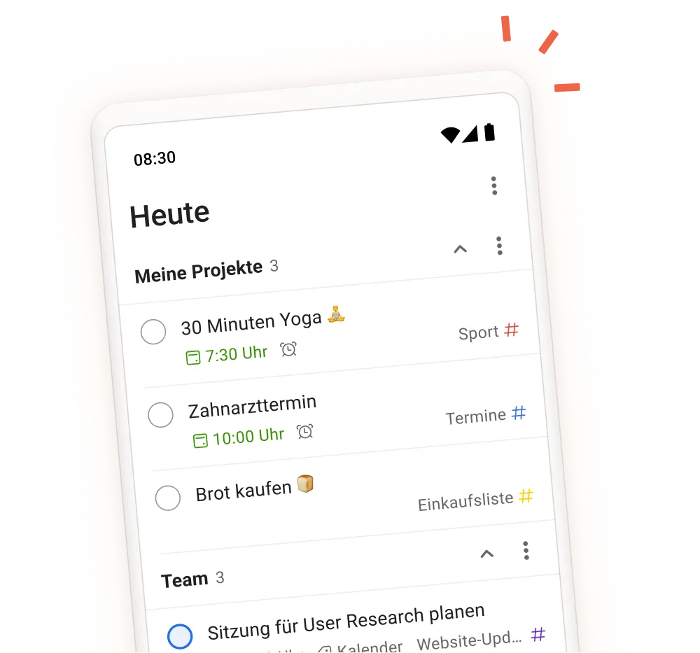 Die Benutzungsoberfläche der Todoist-App zeigt tägliche Aufgaben, Projekte und Team-Bereiche in einer mobilen Ansicht des Aufgaben-Eingabebildschirms.