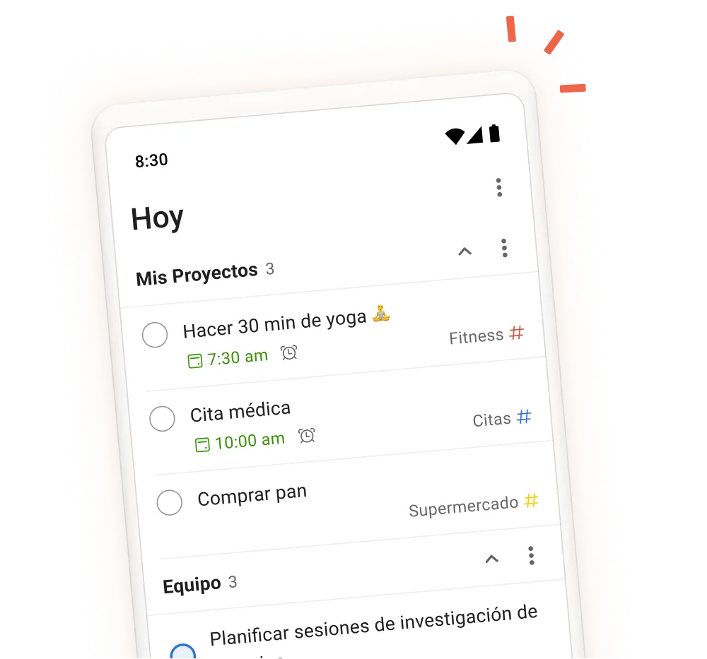 Interfaz de Todoist mostrando las tareas diarias, los proyectos y las secciones del equipo con una vista móvil de la pantalla de adición de tareas.