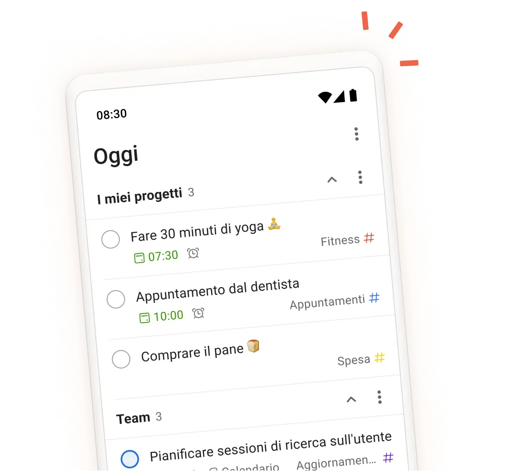 Interfaccia dell'app Todoist che mostra le attività giornaliere, i progetti e le sezioni del team con una vista mobile della schermata di aggiunta delle attività.