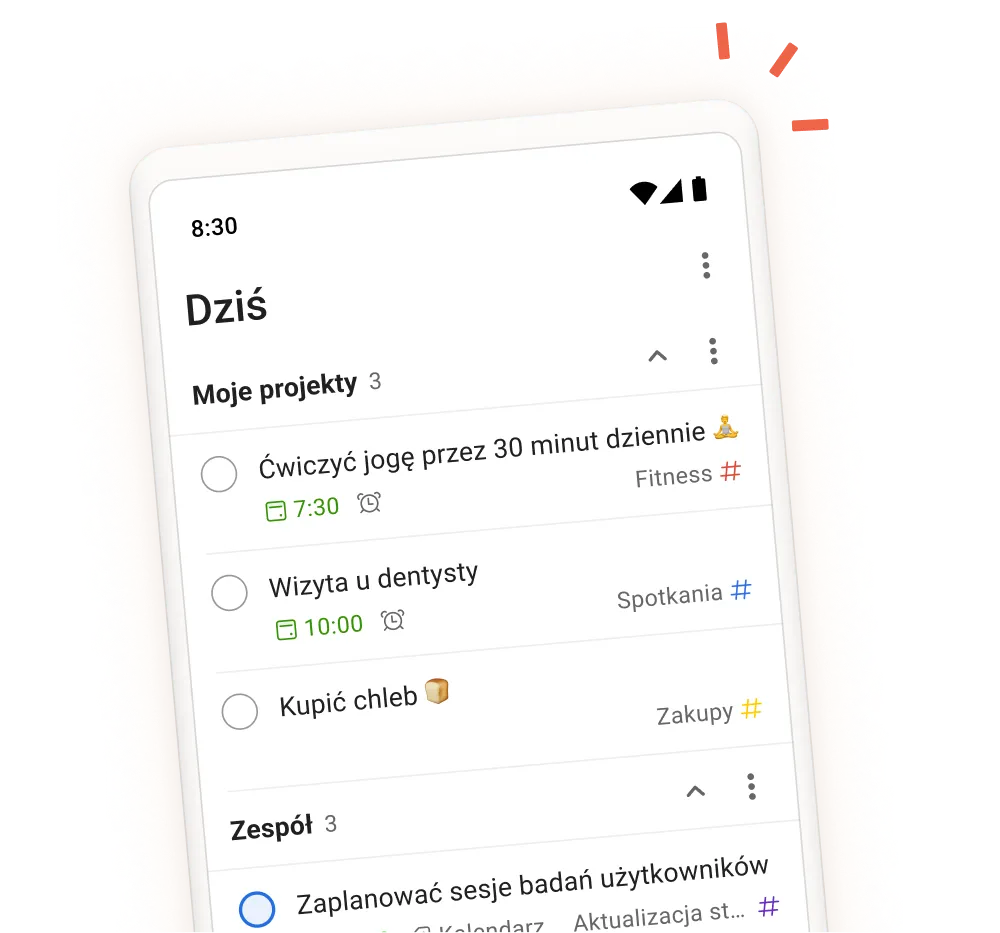 Interfejs aplikacji Todoist pokazujący codzienne zadania, projekty i sekcje zespołu z mobilnym widokiem ekranu wprowadzania zadań.