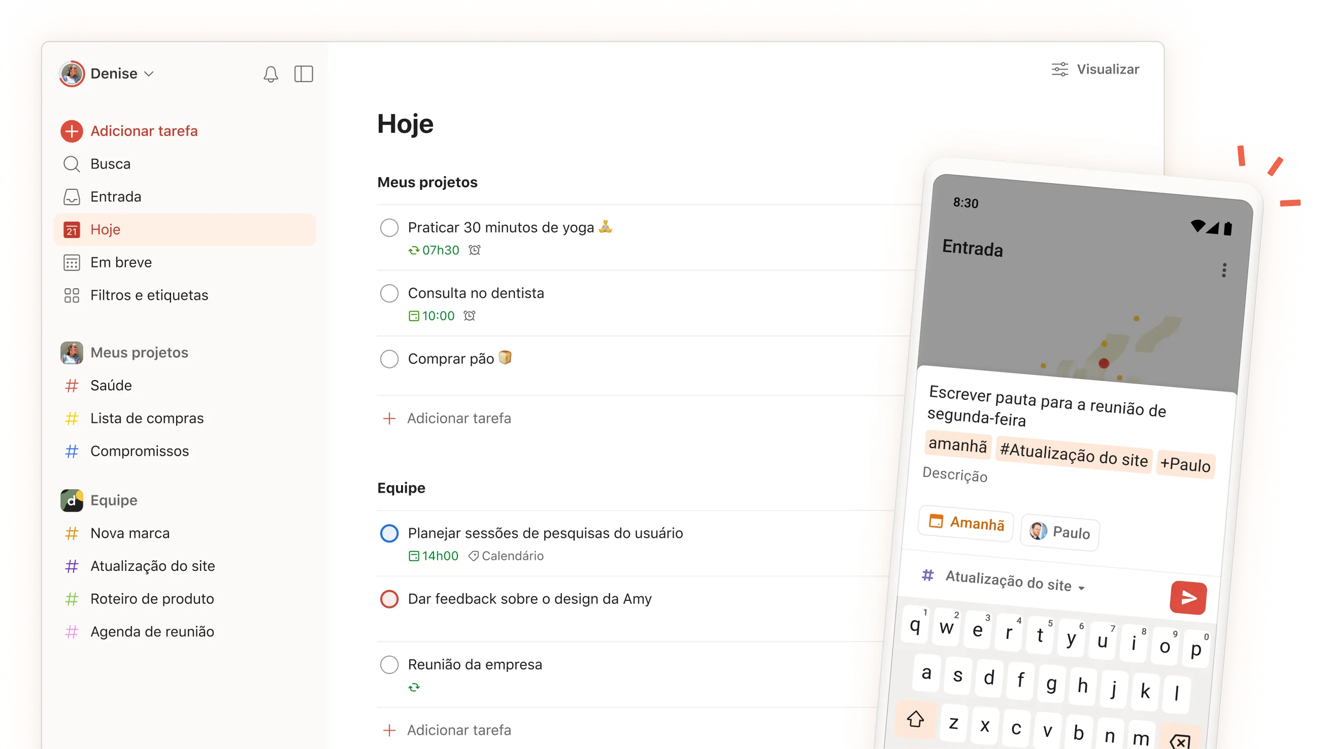 Interface do aplicativo do Todoist mostrando tarefas diárias, projetos e seções de equipe com uma visualização móvel de uma tarefa na tela.