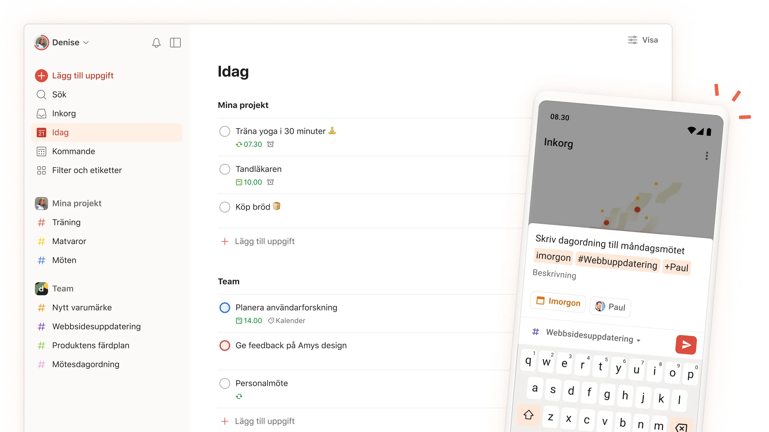 Användargränssnitt i Todoist-appen som visar dagliga uppgifter, projekt och teamavsnitt med en bild av hur en uppgift skapas i mobilappen.